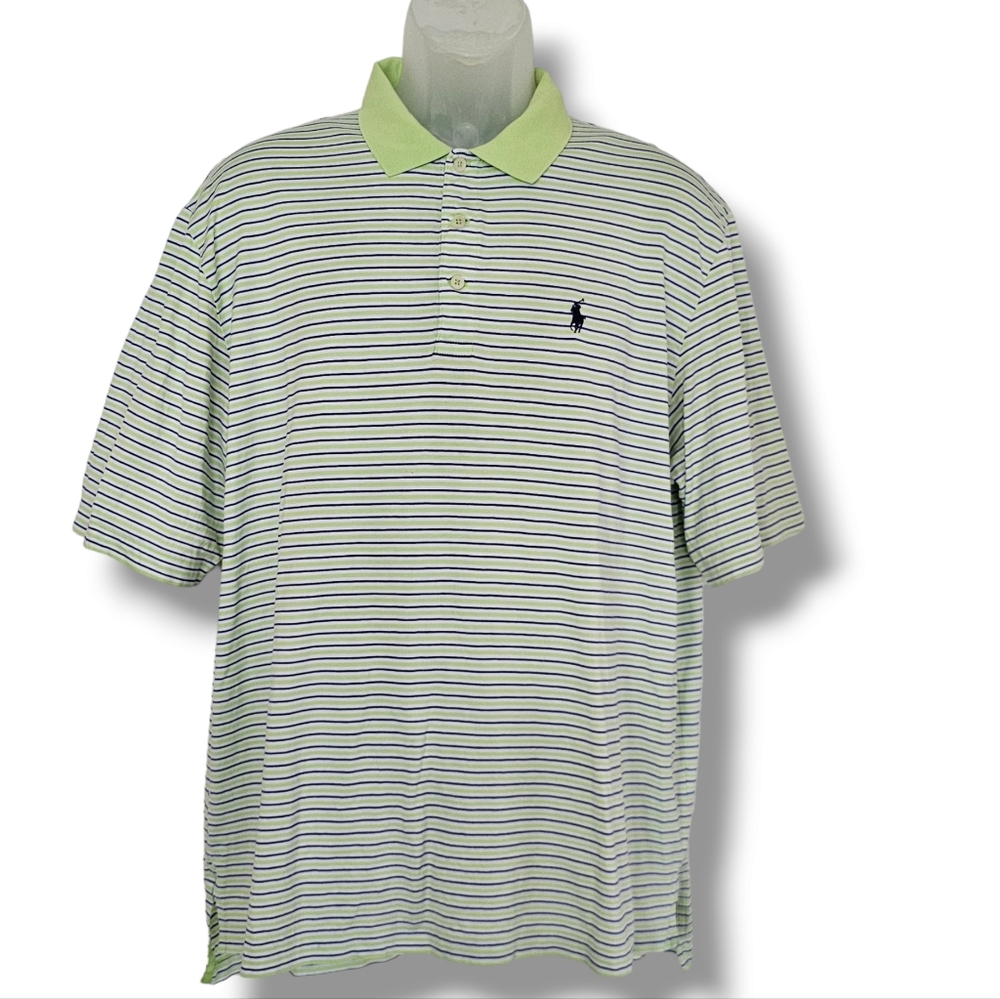 Polo Golf Ralph Lauren Mens Shirt‎ Size L Green White Blue Striped Pima Cotton